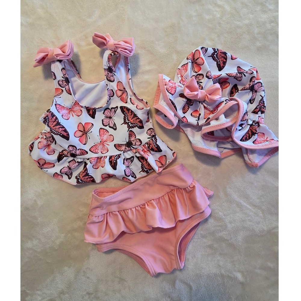 Baby Girl Butterfly Swimsuit Set 3-6M 3pc Bikini Hat Pink Ruffle Swim Outfit